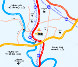 Bản đồ vị trí căn hộ Bcons NewSky tại mặt tiền Quốc lộ 13 phường Lái Thiêu TP Thuận An Bình Dương kết nối TP.HCM